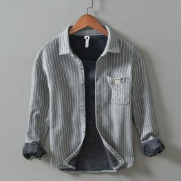 Winter Thick Shirt Men Flannel Keep Warm Striped Shirt