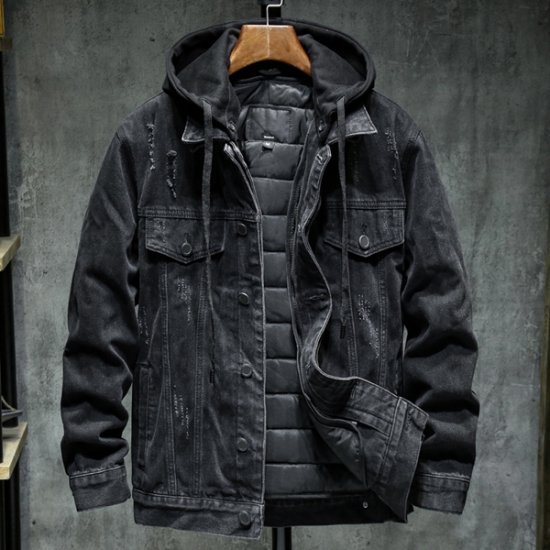 Men Black Winter Jean Jackets Outerwear Warm Denim Coats - Click Image to Close