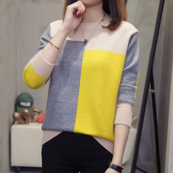 Women's Sweater Splice Color Block Pullover Bottoming Shirt - Click Image to Close