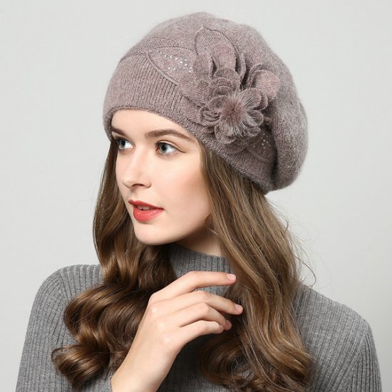 Beret Wool Knitting Autumn Winter Floral Women Berets - Click Image to Close