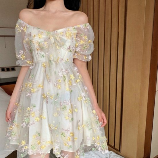 French Floral Dress Sexy Puff Sleeve Chiffon Print Women - Click Image to Close