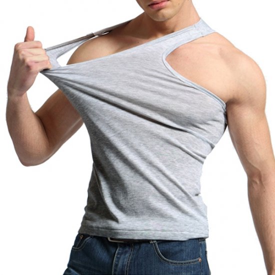 Tank Tops Men 100% Cotton Solid Vest Male Breathable - Grey - Click Image to Close