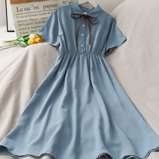 Chiffon Bow Solid High Waist Turn-down Collar Women Dress - Click Image to Close