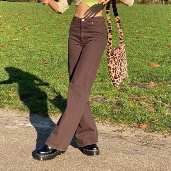 Vintage Brown Jeans For Female Classic Wide Denim Pants - Click Image to Close