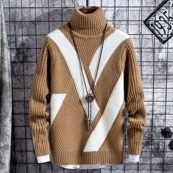 Winter Thick Warm Sweaters Men Turtleneck Casual Patchwork - Click Image to Close