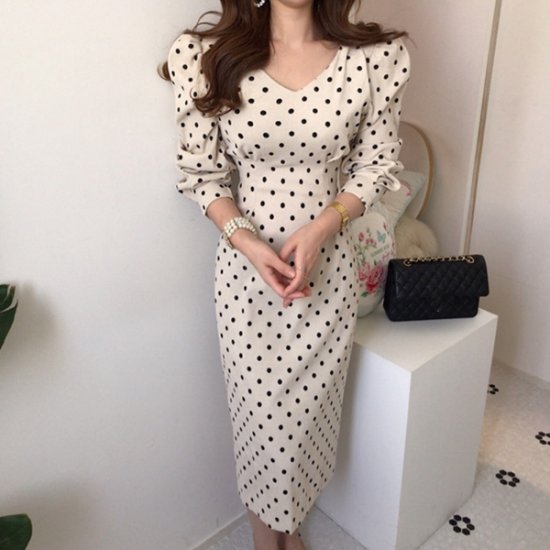 Spring Autumn Women Casual Polka Dot Print Corduroy Dress - Click Image to Close