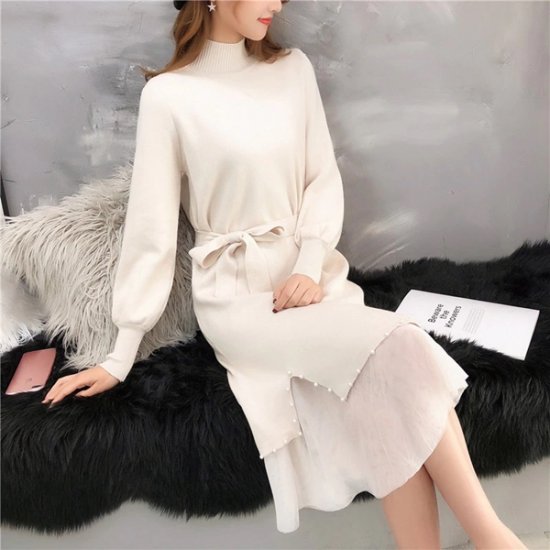 Women Winter Sweater Dress Knitted Turtleneck Lace - Click Image to Close